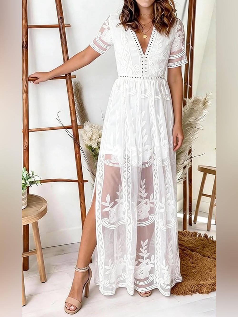 White Lace Maxi Dress with Deep V and Side Slit NWOT - Picture 3 of 8
